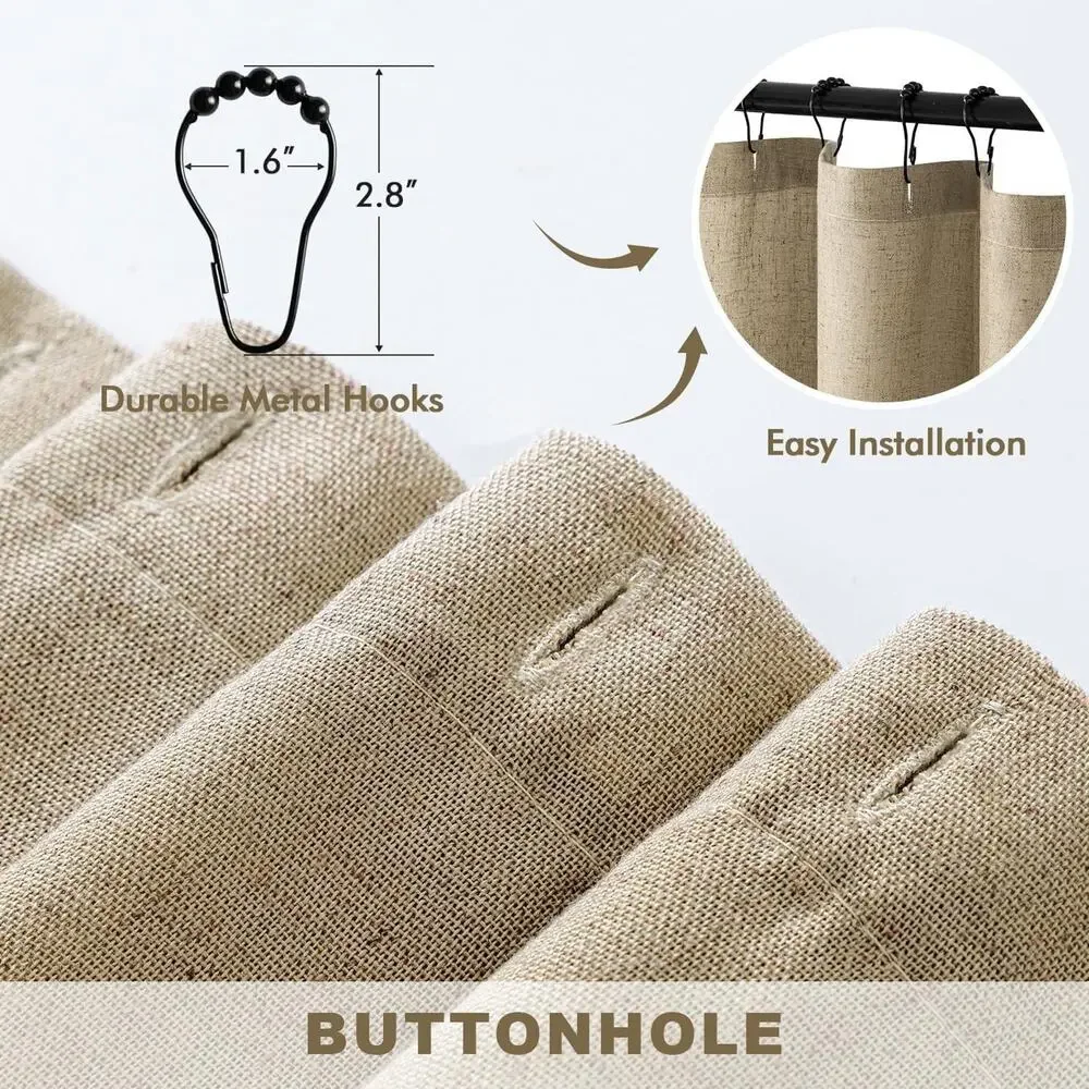 Extra Long Linen Shower Curtain 84 Inch Long with 12 Metal Hooks Washable Khaki